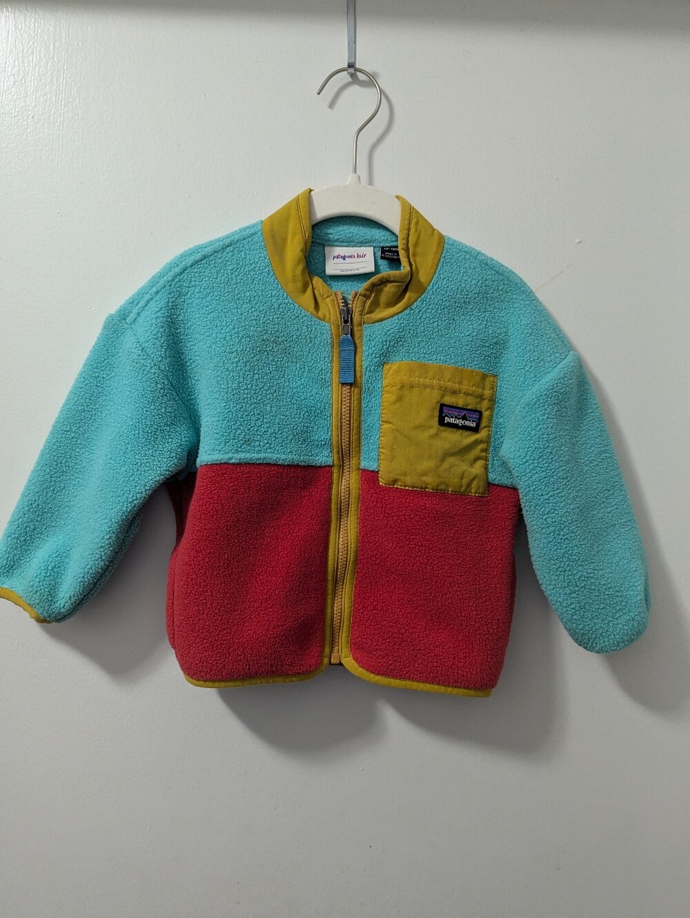 Patagonia Kids Colorblock Puffer Jacket - Turquoise, Red & Mustard